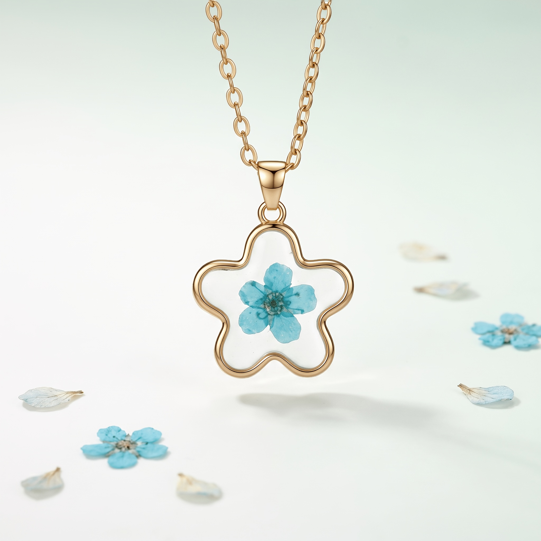 Vibrant Blue Petal Resin Necklace, Floral Creative Pendant
